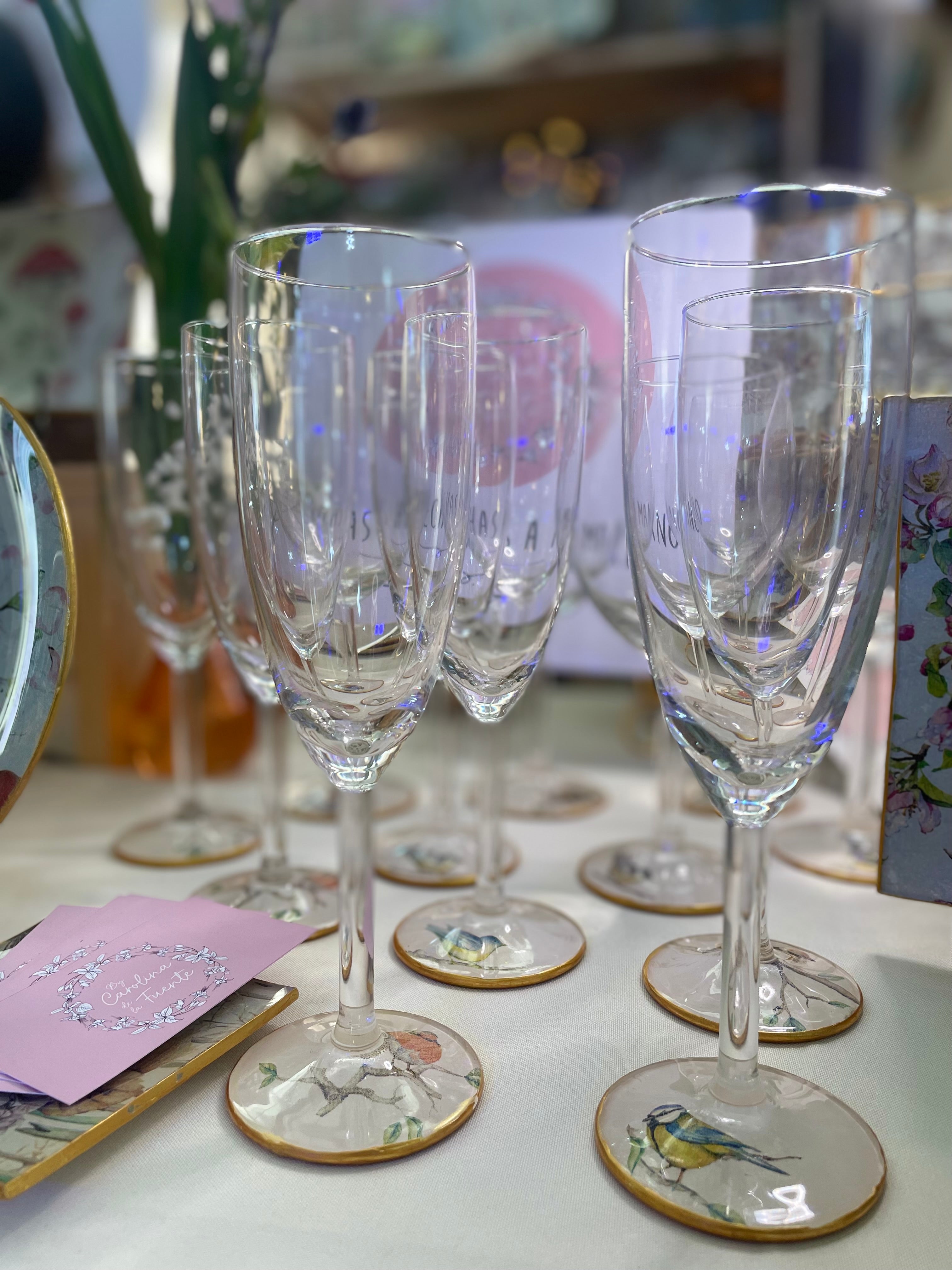 Set 6 Copas Espumante - Diseño Pajaritos